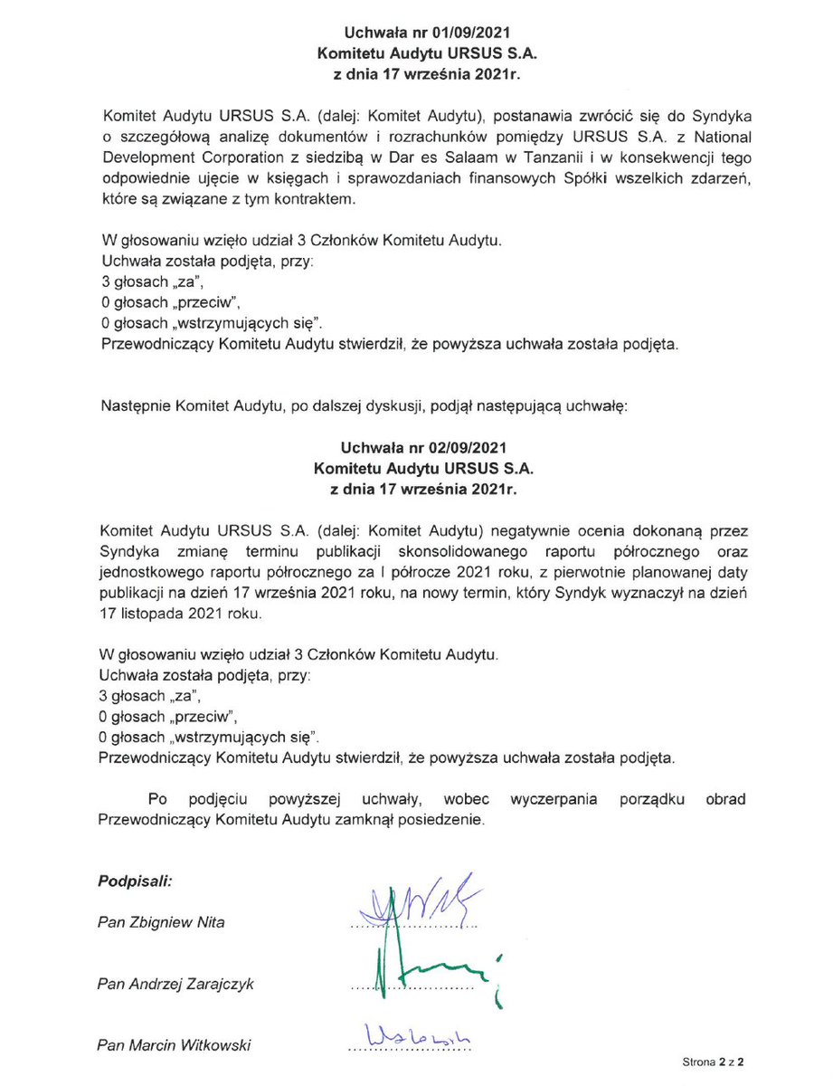 Zarząd URSUS S.A., za zgodą Komitetu Audytu, przekazuje protokół z dzisiejszego posiedzenia Komitetu. 
Zarząd, wobec nowych okoliczności, z optymizmem oczekuje rozstrzygnięcia  zażalenia na upadłość.   #Ursus