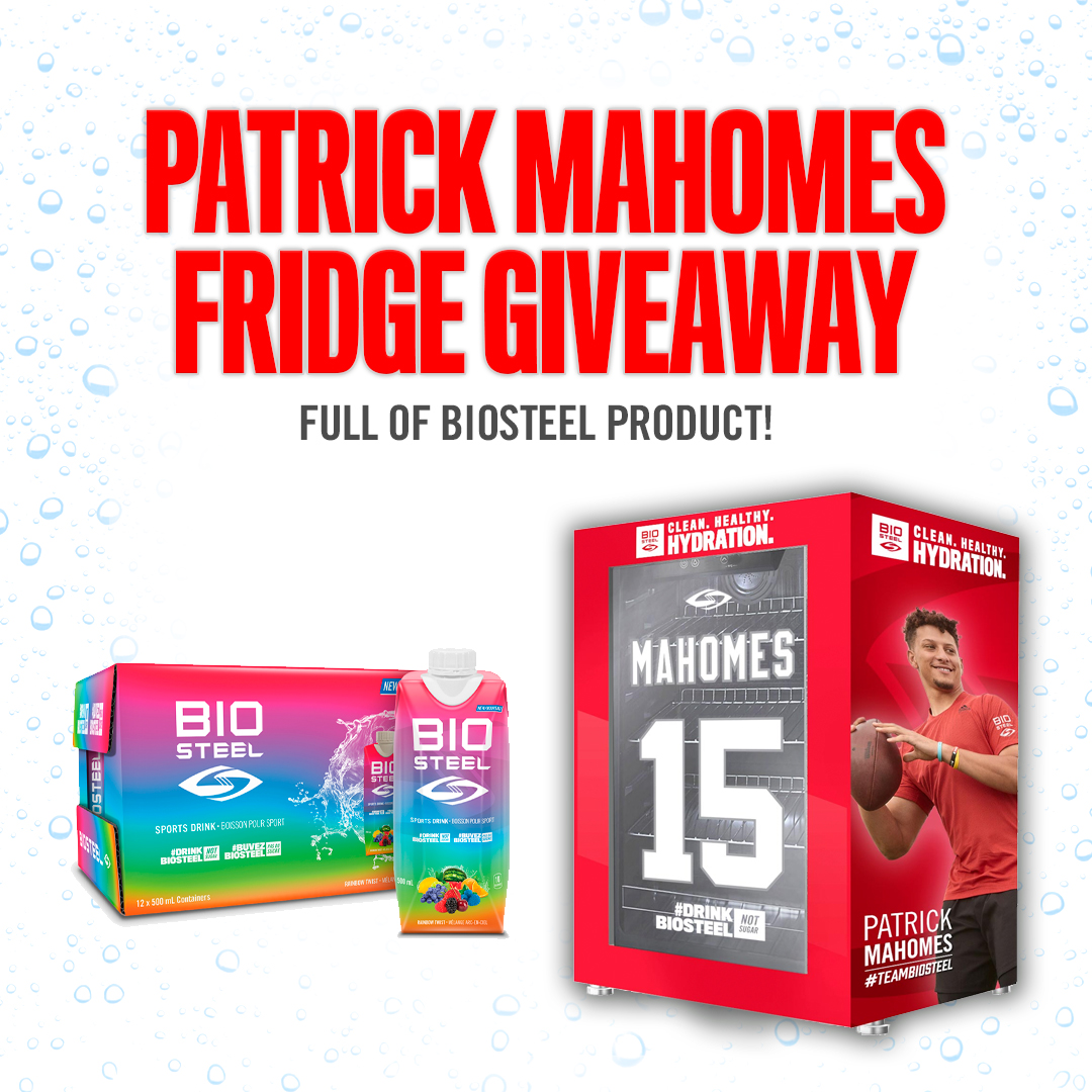 BioSteelSports's tweet photo. 🚨BIRTHDAY GIVEAWAY🚨​

Celebrating @PatrickMahomes Birthday today with a custom Mahomes x BioSteel Fridge! ​

Follow the steps below to be entered in to win:​
​​
Retweet &amp; Like this tweet
Reply &amp; tag 3 friends
Follow: @BioSteelSports https://t.co/gXC7IpHLmD