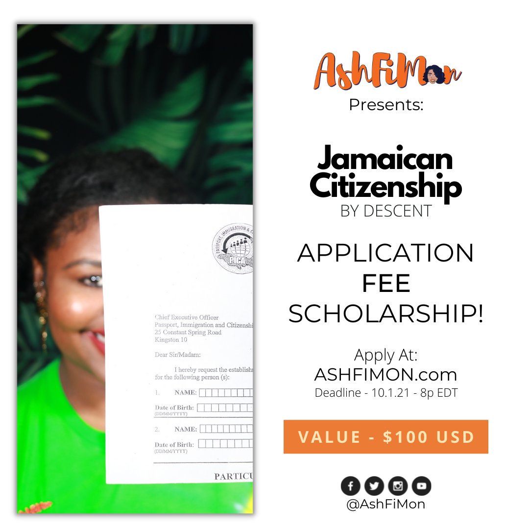 AshFiMon's tweet photo. I'm excited to give one lucky person the opportunity to have their #Jamaican citizenship (by descent) application fee PAID for by me! Enter into the scholarship giveaway for your chance to win &amp; for full deets 🧡

https://t.co/nIPbx23AKa https://t.co/IisjZccrr7