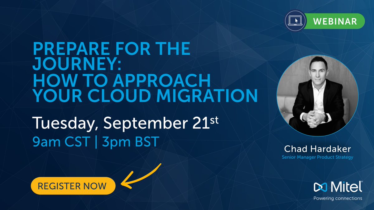 Mitel's tweet photo. [#Webinar 💻] 'The times they are a changin.' Join @ChadHardaker (not Bob Dylan) for expert #cloud migration tips and why you need ☁️ to beat out your competition. Save your spot 👉 @BrightTALK https://t.co/xQnALwfJuz https://t.co/8hUhvZQdJ4