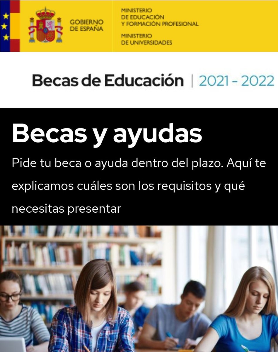 🎓 Beques per al cur 2021-2022 per a estudis postobligatoris no universitaris 

📆 El termini de presentació de sol·licituds ja està obert i finalitza el 30 de setembre

💻 Accés al formulari Ministeri 👉🏻sede.educacion.gob.es/sede/login/ini…

➕ Més informació en becaseducacion.gob.es/becas-y-ayudas…