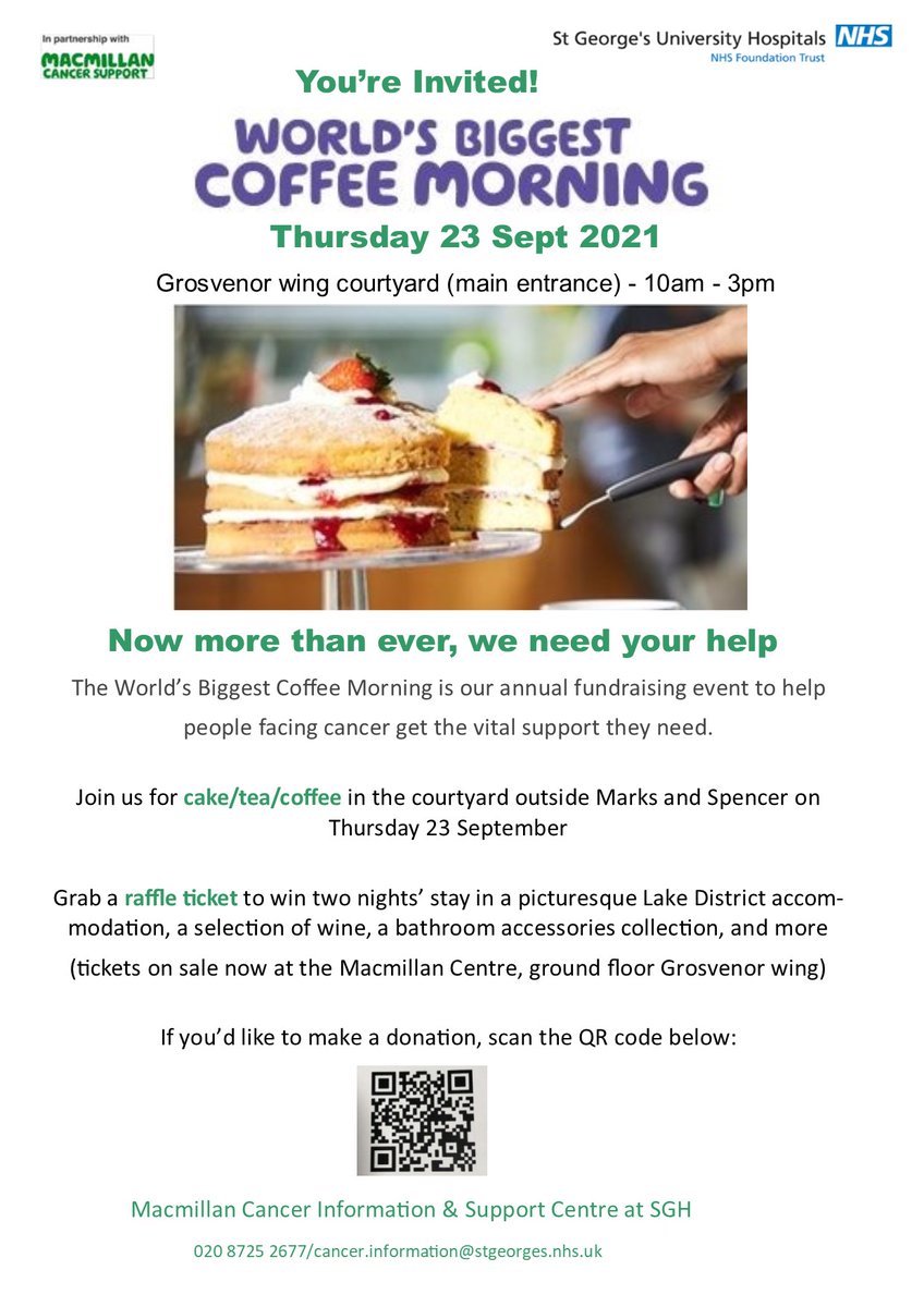 Attention all ‼️Join #Ejiro @MacmillanSTG manager & the @StGeorgesTrust cancer services team for a very special @macmillancoffee on Thursday 23th September... Cakes, hot drinks & a raffle with amazing prizes. Looking forward to finally raising a cuppa not across a screen 🥳