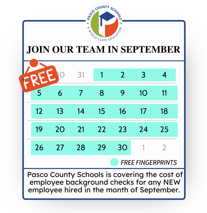 HR @ Pasco Schools on X: "Pasco County Schools is covering the cost of  employee background checks for any NEW employee hired in the month of  September. The free code for fingerprinting