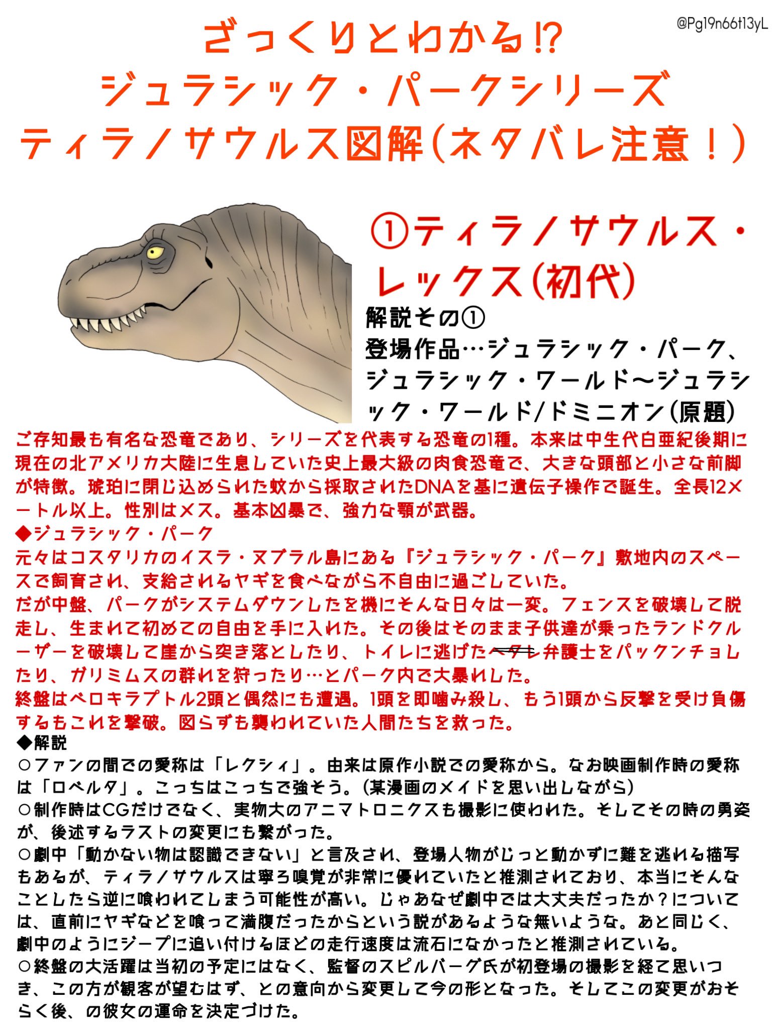 ペギラ2世 ざっくりとわかる ジュラシック パークシリーズ ティラノサウルス図解 ネタバレ注意 ロストワールド ジュラシックパーク で大活躍をしたティラノサウルス シリーズ各作品の個体ごとにまとめてみました なお4作目以降はある程伏せて