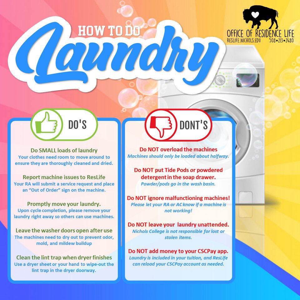 To wrap up Adulting Week, it's #LaundryTime!  Follow these simple steps to start using our BRAND NEW laundry machines! #SoFreshSoClean

Want to be a #LaundryPro?  Follow these Do's and Don'ts to make sure your clothes squeaky clean!