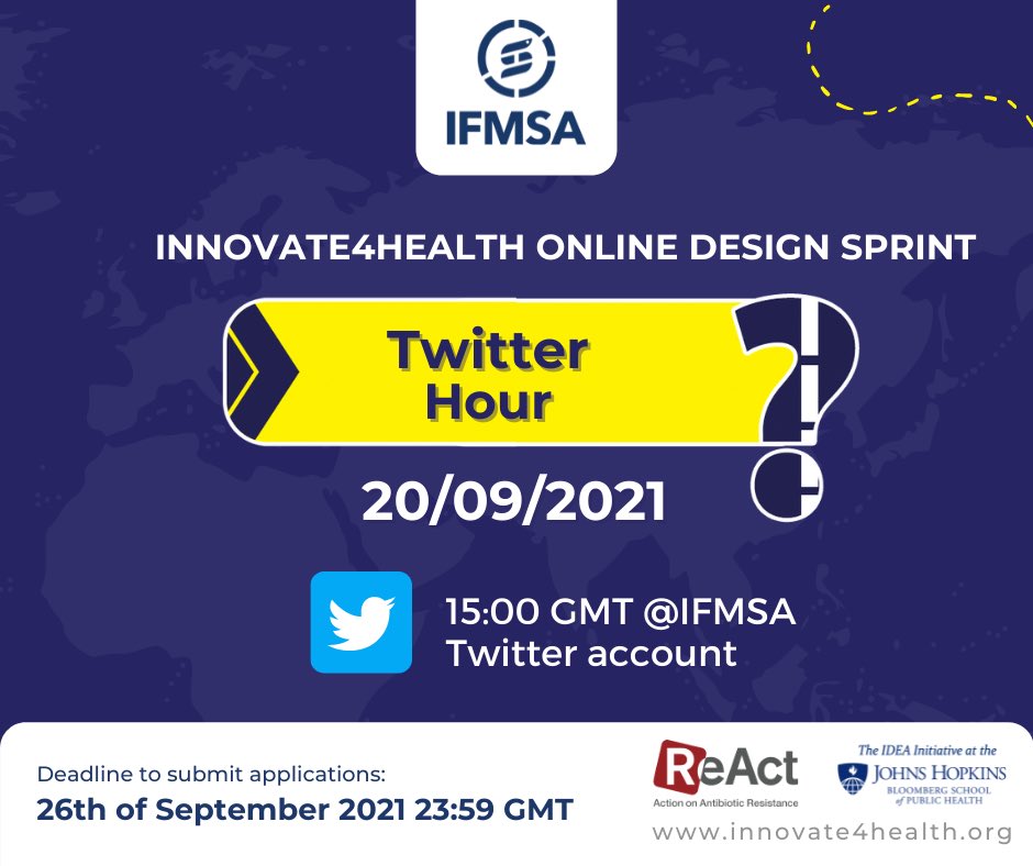 IFMSA's tweet photo. We will also have a Tweet Chat on the 20th of September, 3pm GMT.
The Tweet chat aims to answer more questions on INNOVATE4HEALTH Design Sprint, share ideas on ways to attempt proposing solutions based on country and regional perspectives and connect intending applicants. https://t.co/wntUNybPco