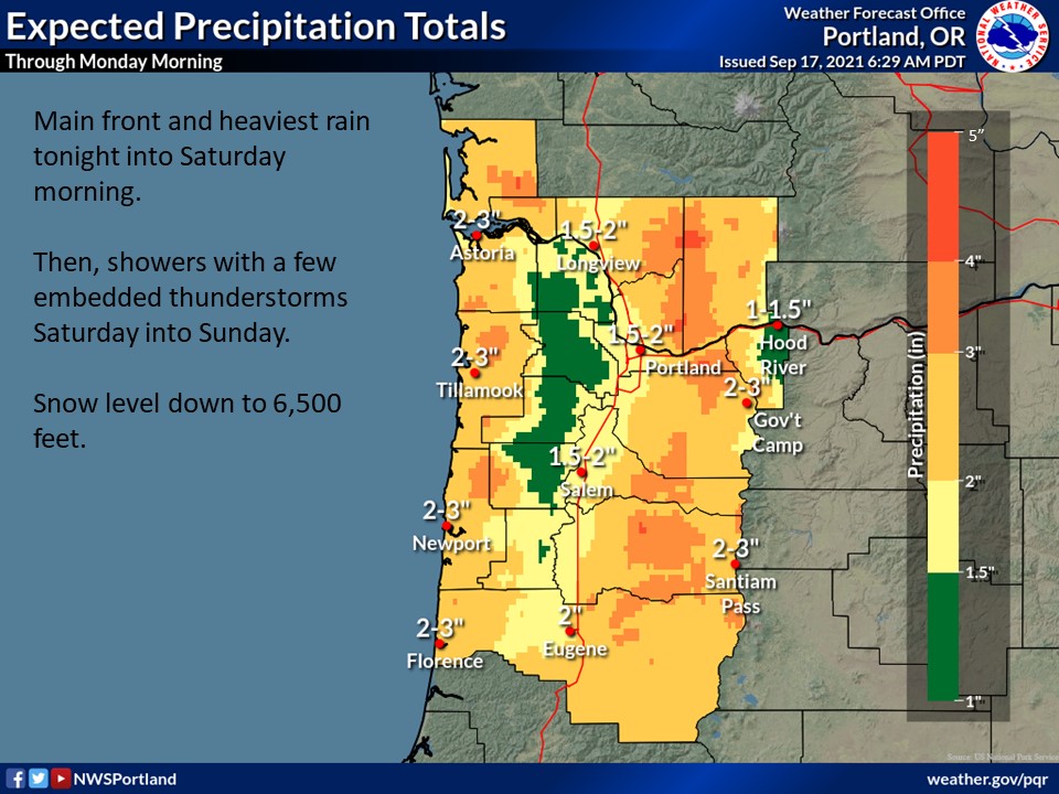 NWSPortland's tweet photo. Rainy days are in store. Take a look at our forecast rainfall totals from today through Monday morning. Remember to exercise caution when driving on newly-wet surfaces. #orwx #wawx https://t.co/fW5FHZmSsm