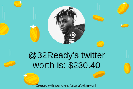 32Ready's tweet image. My Twitter worth is: $230.40

Find yours with funallaround.me/twitterworth

⠀