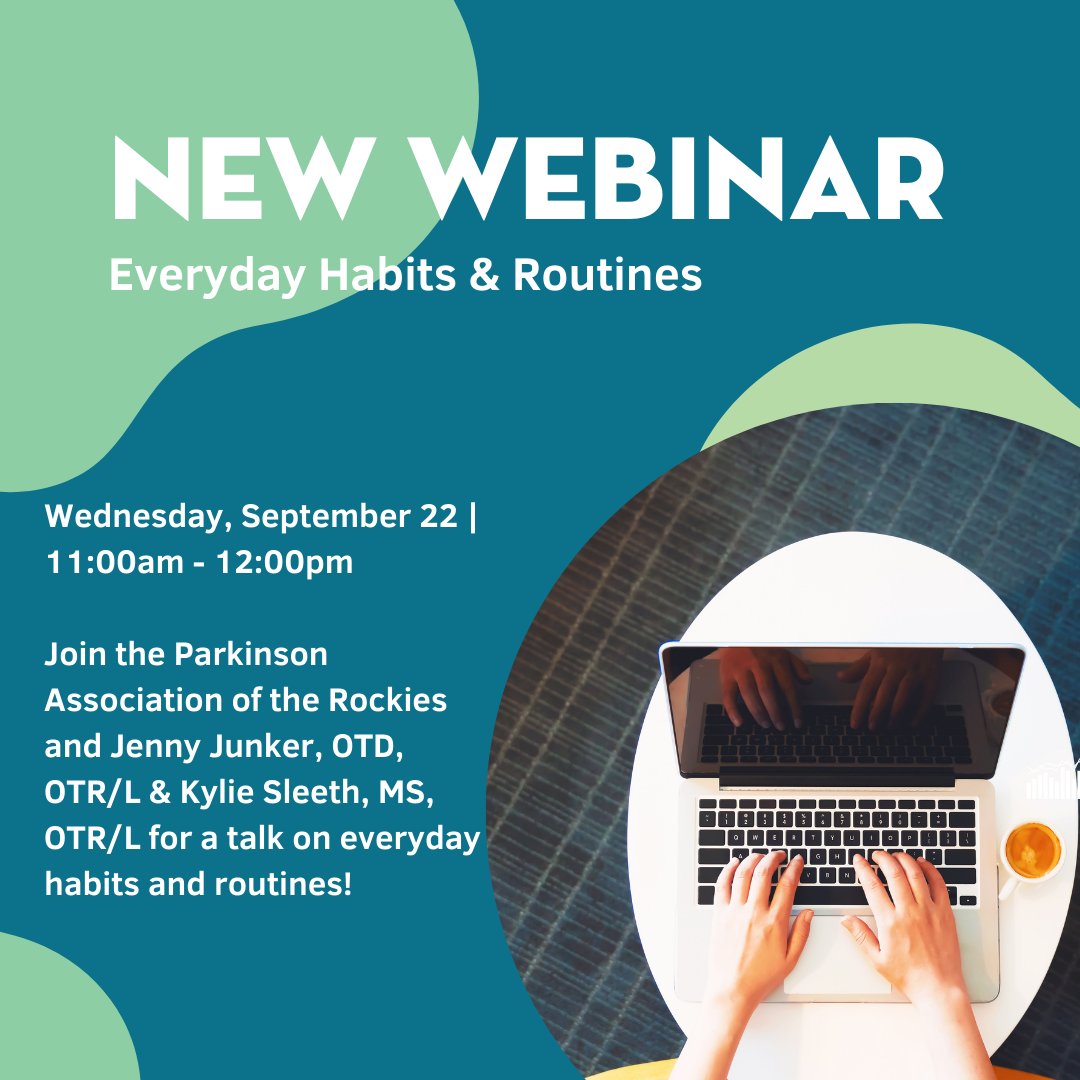 Join the Parkinson Association of the Rockies and Jenny Junker, OTD, OTR/L &amp; Kylie Sleeth, MS, OTR/L, CLIPP for a talk on everyday habits and routines!

Wednesday, September 22 | 11:00am - 12:00pm

Register Here:
register.gotowebinar.com/register/14749…

#webinar #habits #routines #PD #parkinsons
