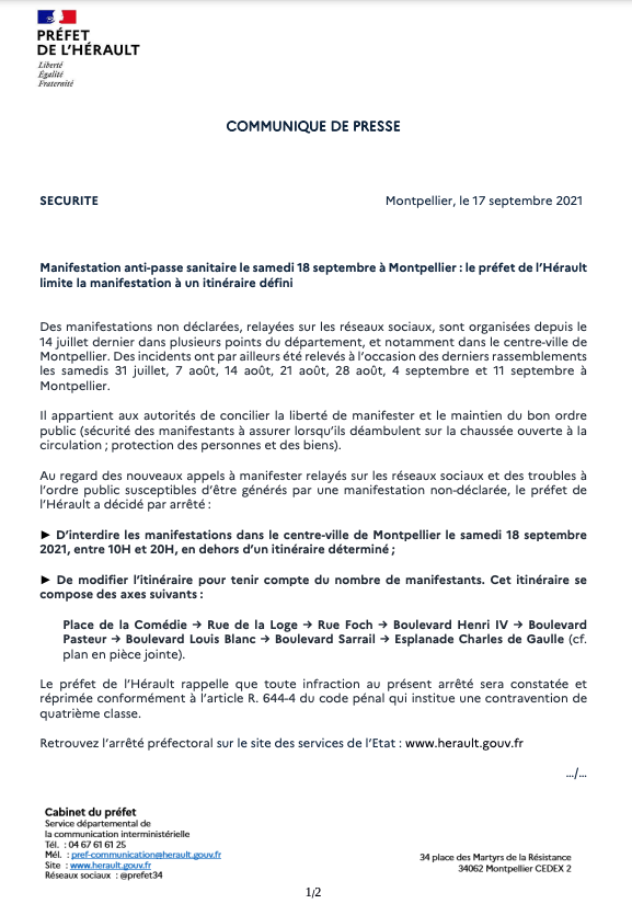 EchiquierSocial's tweet photo. #PassSanitaire A #Montpellier où 1 rassemblement est organisé ce samedi à partir de 14h au départ de la pl. de la Comédie, le @Prefet34 a interdit 1 nouvelle fois par arrêté toute manifestation ds le centre-ville de 10h à 20h en dehors d'un itinéraire déterminé #Manifs18septembre https://t.co/z8kIg2gQBU