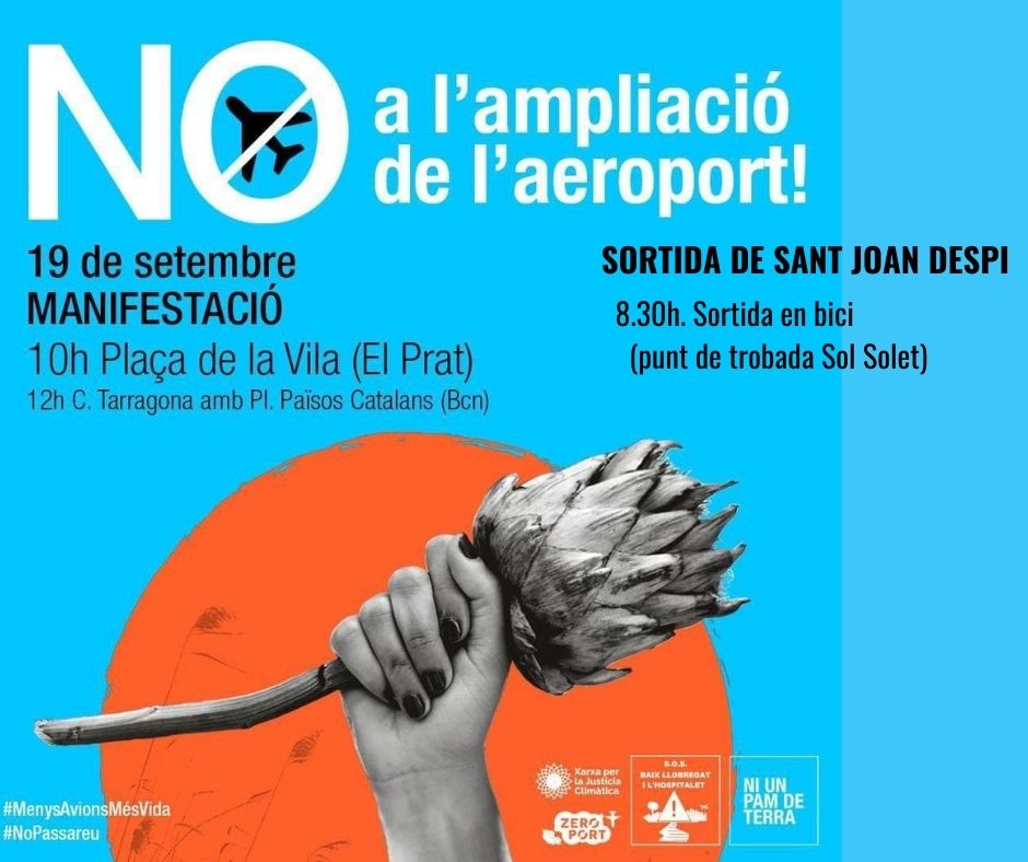Nosaltres aquest diumenge, també serem al Prat, en bloc ciclista 🚴‍♀️🚴🚴‍♂️ des de #SantJoanDespí.
📌Punt de sortida Escoleta Sol Solet
⏰ a 8.30h.
Porteu aigua i alguna cosa de menjar, la jornada serà llarga #MenysAeroportsMesVida