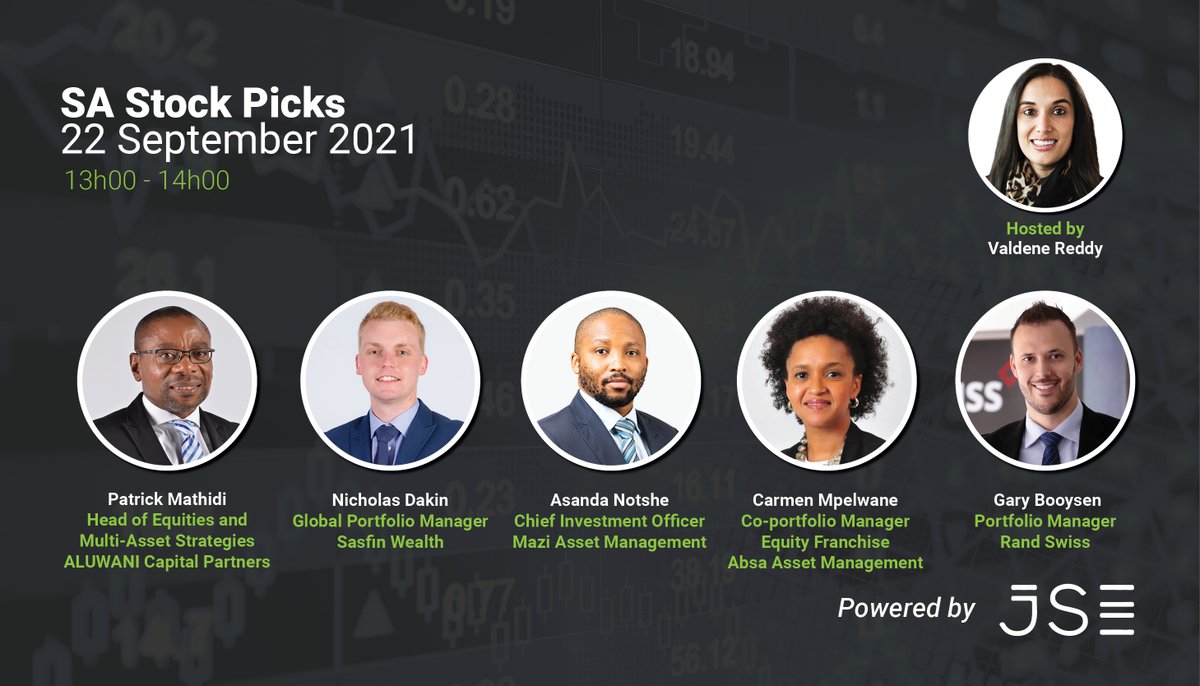 We’re looking forward to hosting the third session of #SAStockPicks, Powered by the #JSE, where 5 industry experts share their top stock picks of the week. Join us next week Wednesday 22 Sept at 1pm.
Register here: jse.link.additionalcontent.co.za/h/d/99B65DB8BA…
