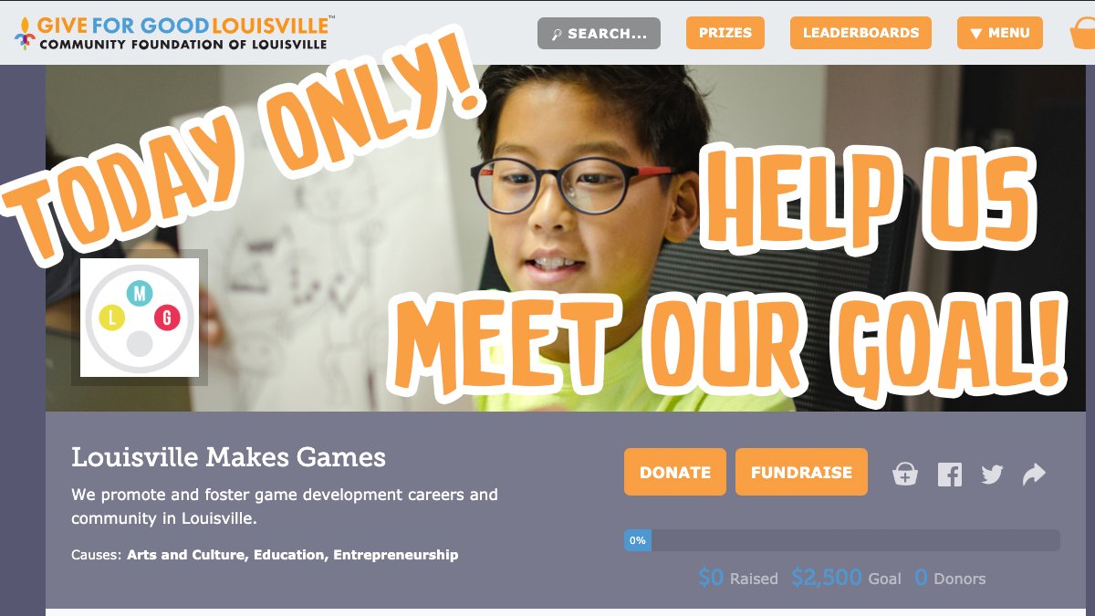 LouMakesGames's tweet photo. Today is Give for Good Louisville. Please help Louisville Makes Games (501c3 non-profit promoting game dev education) reach our goal! Tell your friends, YOUR BOSS, family, dog, coworkers, and  especially your cousin's friend in Trinidad!

https://t.co/C45vQX0rUn https://t.co/yiBLKqLiu2
