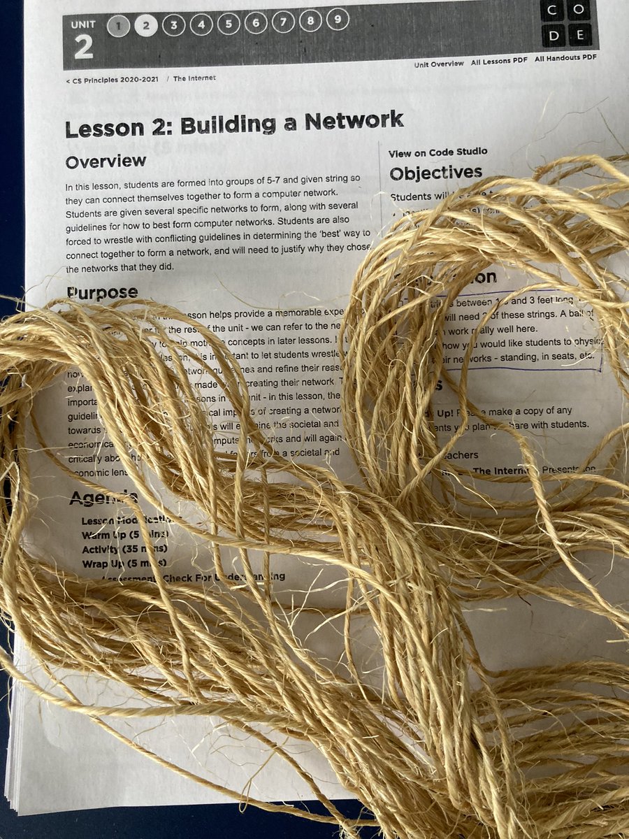 csinthemiddle's tweet image. Figuring out how to implement the new NJSLS CS Standard. I am focusing on Networks and The Internet w my Gr 6 students but realized they didn’t have a good foundation. It was amazing what a physical network with string did for their understanding. Tks code.org!
