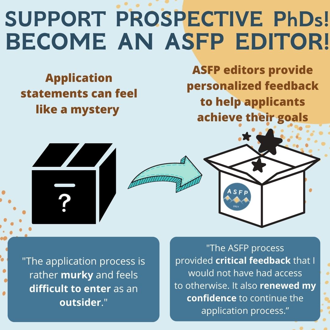 asfp_phd's tweet photo. Ready to make a difference in academia? Registration to be an ASFP 2021 Editor is open now thru 9/30!

>What it means to an editor: https://t.co/U7ESbIEgB5
>Why you should do it: https://t.co/5je8m1Einr
>Join us: https://t.co/8DezNvKd3y

Sign up with friends &amp; colleagues, &amp; RT! https://t.co/HkRWwQJkjt