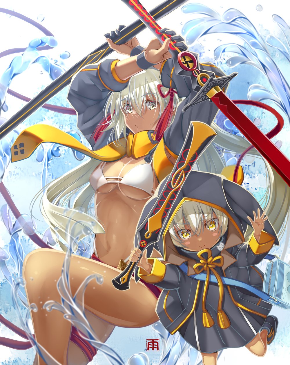 雨夜風 沖田オルタ水着と煉獄ちゃん描いてみました 今回も二次創作に便乗して水エフェクトの練習も兼ねました なんか煉獄ちゃんがうまるちゃんみたいになっちゃったね W Fgo 沖田オルタ 煉獄 イラスト描く時に背景思いつかない時に私がよく