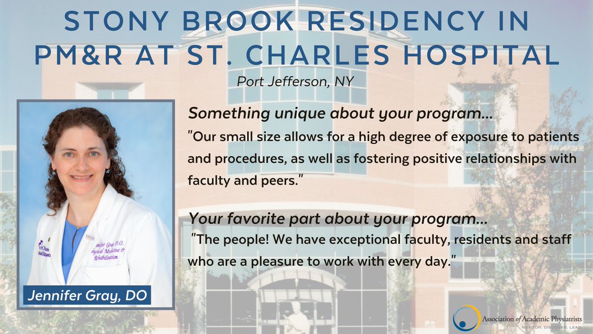 Next up is Dr. Jennifer Gray, DO from Stony Brook Residency in PM&R at St. Charles Hospital!

👉To learn more: bit.ly/3k4kHK5