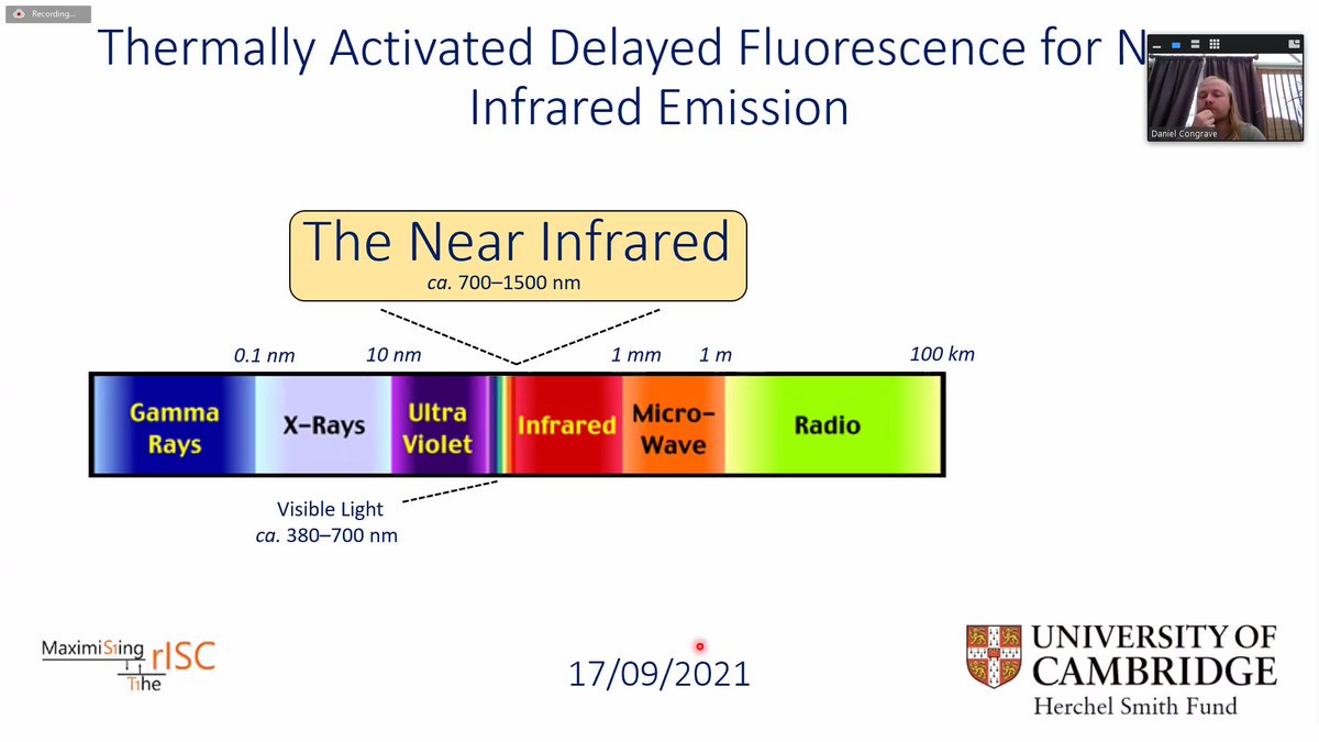 Our final session of Maximising the rISC is kicked off by Dan Congrave who will be taking us all out to the near-infrared and the unique challenges it poses for TADF. #MAXrISC #FluorescenceFriday