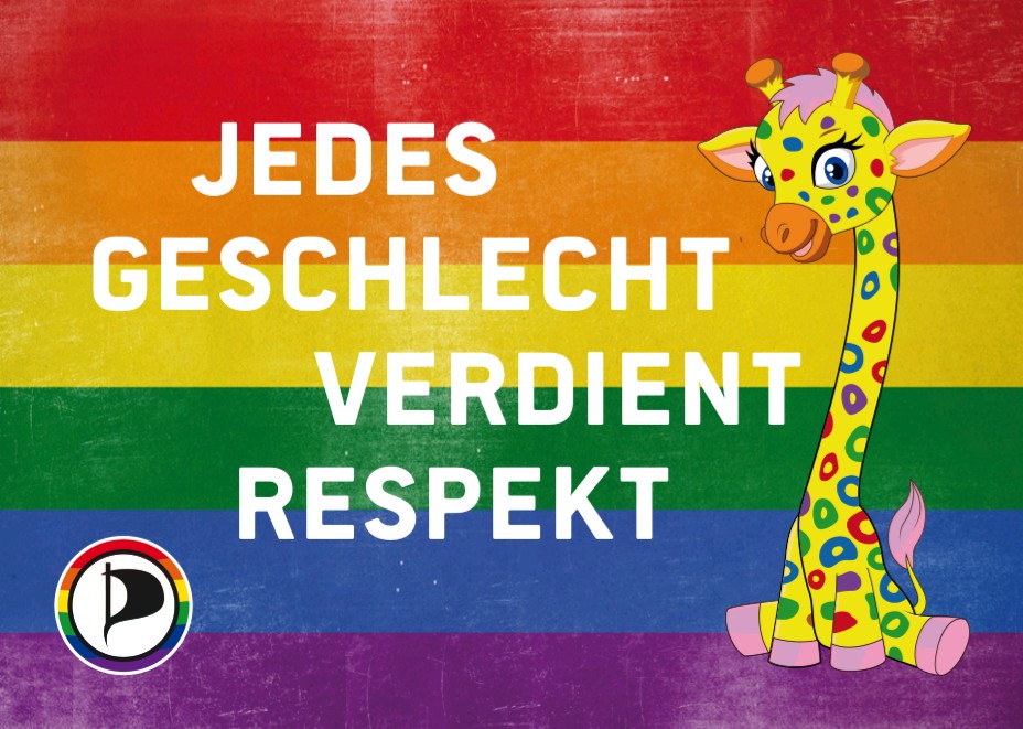 Eine kleine bunte Giraffe sitzt vor einem Regenbogenhintergrund. Daneben steht: "Jedes Geschlecht verdient Respekt"