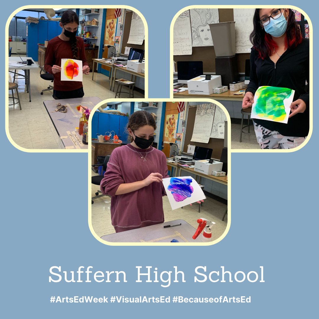 SuffernCSD's tweet photo. More #ArtsEdWeek creations! @suffernhs art students are making mono prints to turn into pinwheels for the @pinwheels4peace installation. Pictured here are @wickesart students with their spontaneous and creative designs. #MountiePride #SuffernCentral @NAEA #VisualArtsEd https://t.co/T2DdFfMctb