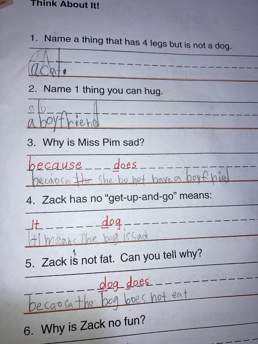 my 7 year old student’s answers on her first comprehension worksheet