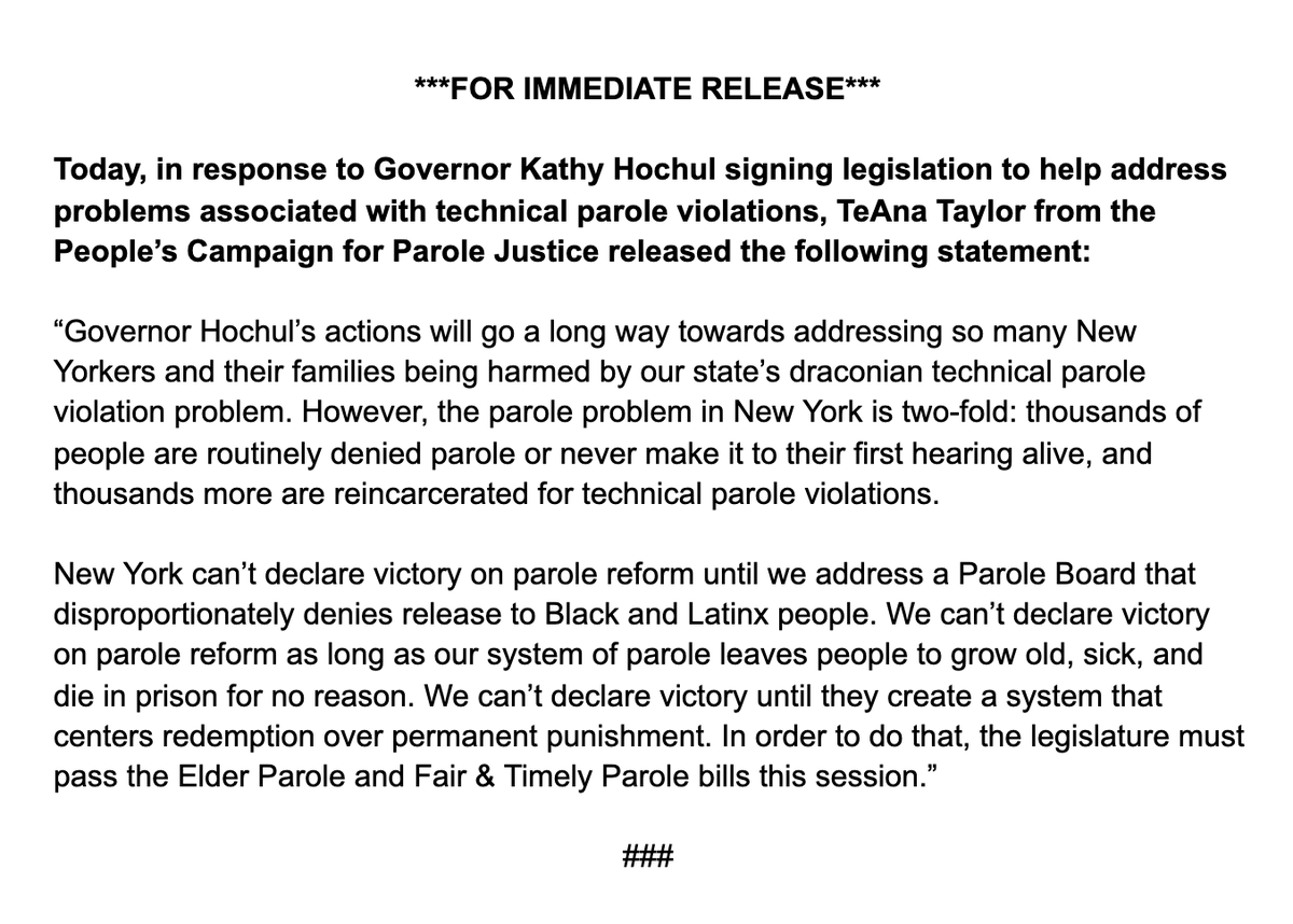 RAPPcampaign's tweet photo. BREAKING: @GovKathyHochul has signed the Less is More Act. 

Statement from @ttgyal444: Hochul’s actions will go a long way towards addressing our state’s technical parole violation problem. However, more must be done before we declare victory on parole reform. #ParoleJusticeNY https://t.co/LLqDVYR6Ea