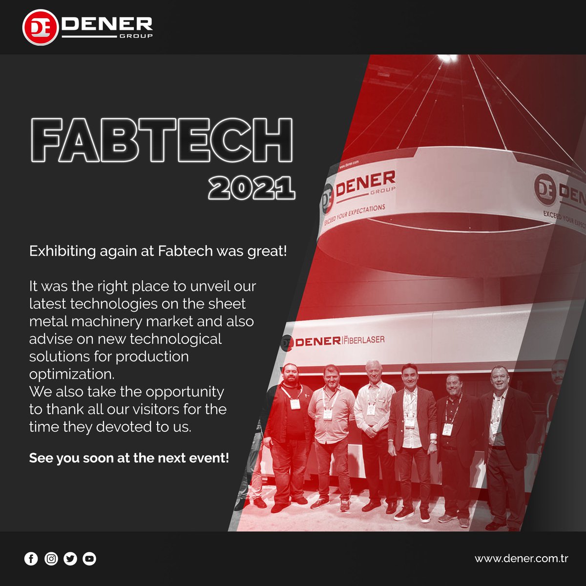 denermachinery's tweet photo. Exhibiting again at Fabtech was great! It was the right place to unveil our latest technologies on the sheet metal machinery market and also advise on new technological solutions for production optimization.
#dener #sheetmetal #pressbrake #servobrake #fiberlaser #fabtech2021 https://t.co/lQL2kPDFqw