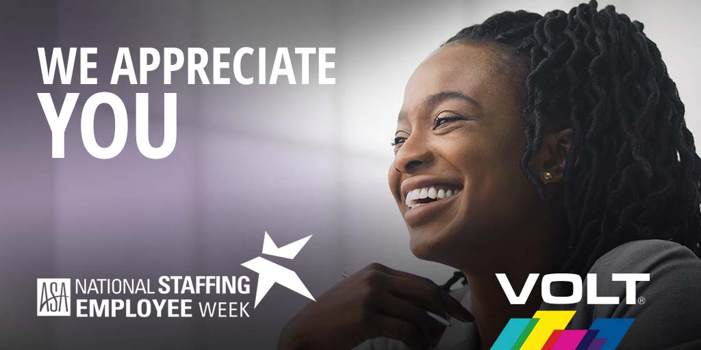 As <a href="/StaffingTweets/">American Staffing Association</a> #NationalStaffingEmployeeWeek comes to a close, the Volt team would like to recognize our temporary and contract employees all across the country. 

We appreciate you choosing to work with us!