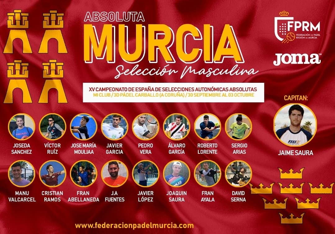 FedPadelMurcia's tweet photo. 🗣Ya conocemos a l@s jugador@s que representarán a MURCIA el XV Campeonato de España🇪🇸 de Selecciones Autonómicas Absolutas 2021 que tendrá lugar en A Coruña.
FELICIDADES A TOD@S🙌!!!!
#CESSAA21 #SomosFPRM #regiondemurcia #deportesmurcia #FPRM #Gesport360 #Joma https://t.co/d7CZxfcSU2