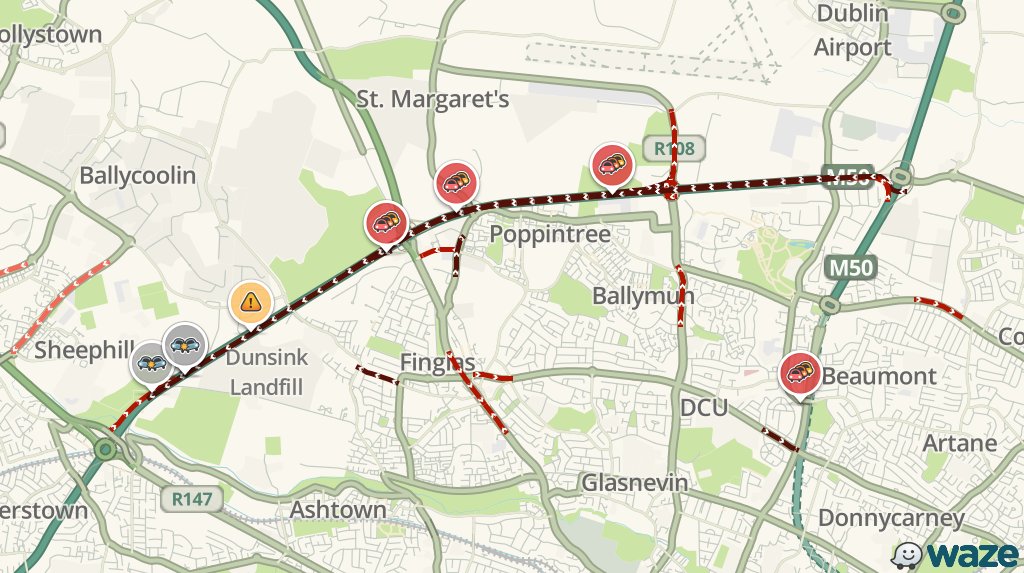 WazeTrafficDUB's tweet photo. Accident on M50 S #dublintraffic. Traffic moving 33m slower than usual. https://t.co/Rwp7xwOLJt https://t.co/b4HpR8dNhc
