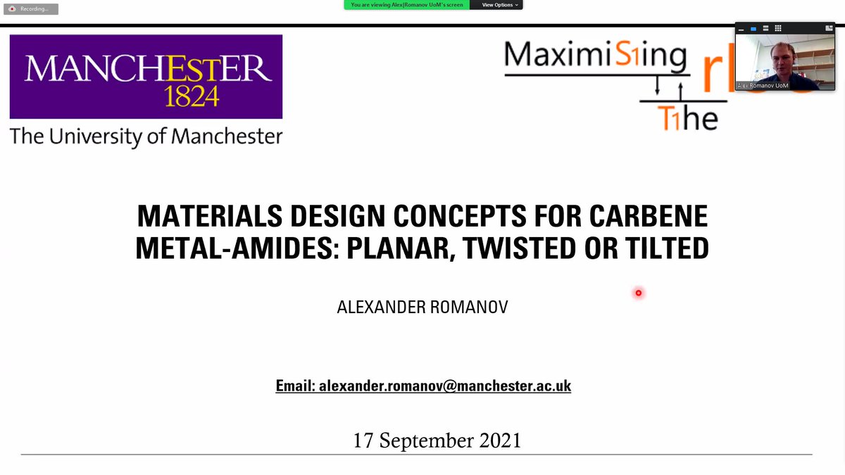 Maximising the rISC (@maximisetherisc) on Twitter photo We have <a href="/asromanov5/">Alexander Romanov</a> as our second-to-last talk where we will hear more about the materials design concepts for carbene metal-amides and whether they need to be planar, twisted, or tilted. #MAXrISC #FluorescenceFriday We have <a href="/asromanov5/">Alexander Romanov</a> as our second-to-last talk where we will hear more about the materials design concepts for carbene metal-amides and whether they need to be planar, twisted, or tilted. #MAXrISC #FluorescenceFriday