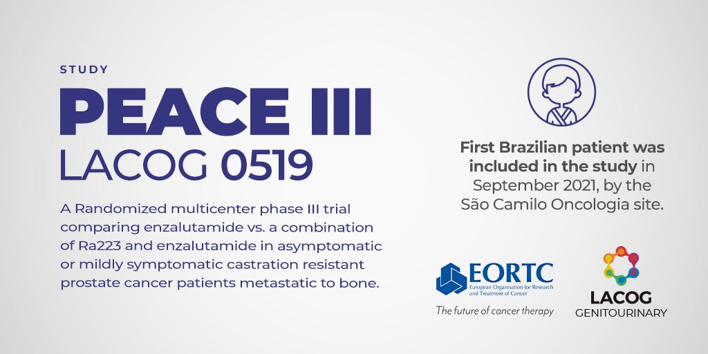 The LACOG 0519 - PEACE III study is assessing the first-line use of enzalutamide in association with and without radium-223 in patients with metastatic castrate-resistant prostate cancer with bone metastases and no visceral lesions. #lacog #cancerresearch #latinamerica #oncology