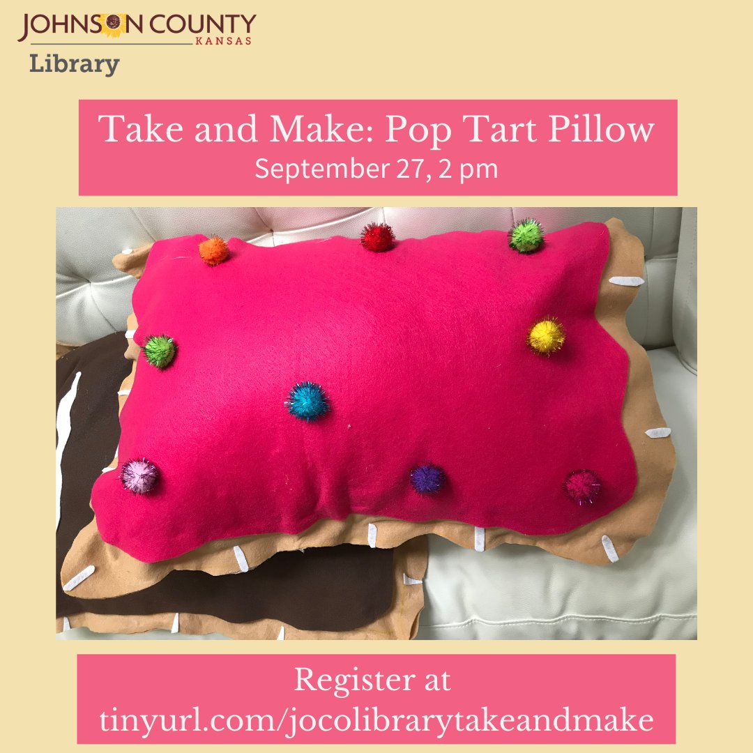 jocolibrary's tweet photo. Turn your favorite breakfast pastry into a cozy pillow with the Take & Make Pop Tart Pillow!
9/27, 2pm. Register > https://t.co/IEWVXtI2Pt
Once registered, you'll get a kit and instructions to help you create a Pop Tart Pillow so your stuffed animals can have a snack!
#jocomakes https://t.co/uO6DAlHbxA