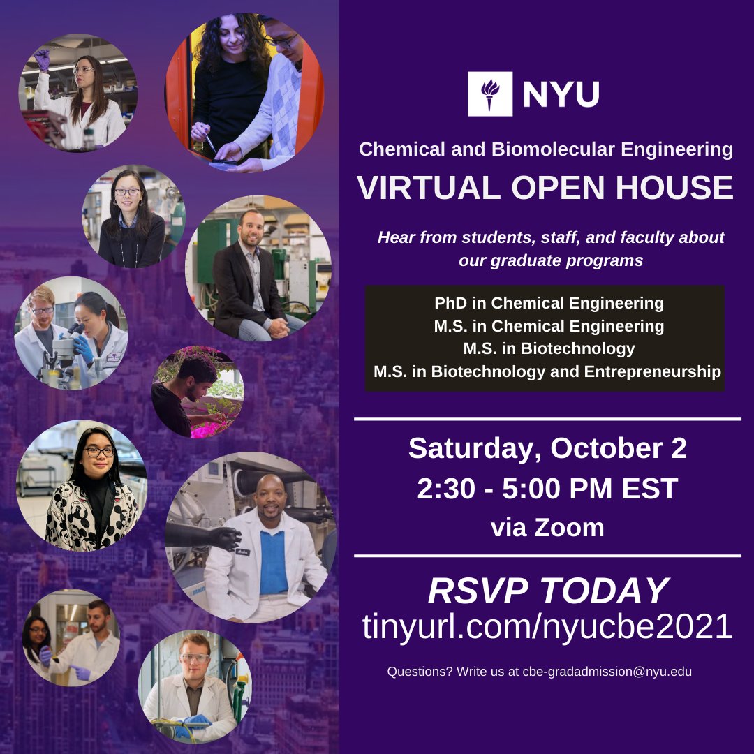 🥼Our CBE dept @nyutandon is recruiting graduate students for Fall 2022. Join us on 10/2 for a virtual info session & panel with students, post-docs & faculty. 🥼 RSVP: tinyurl.com/nyucbe2021