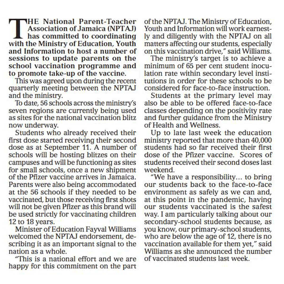 MOEYJamaica's tweet photo. The National Parent-Teacher Association of Jamaica has committed to coordinating with the MoEYI to update parents on the school vaccination programme.
Let's #GetVaccinated #GetFacetoFace Jamaica. 

#MOEYI #EducateJamaica https://t.co/S0a1yyHgBk