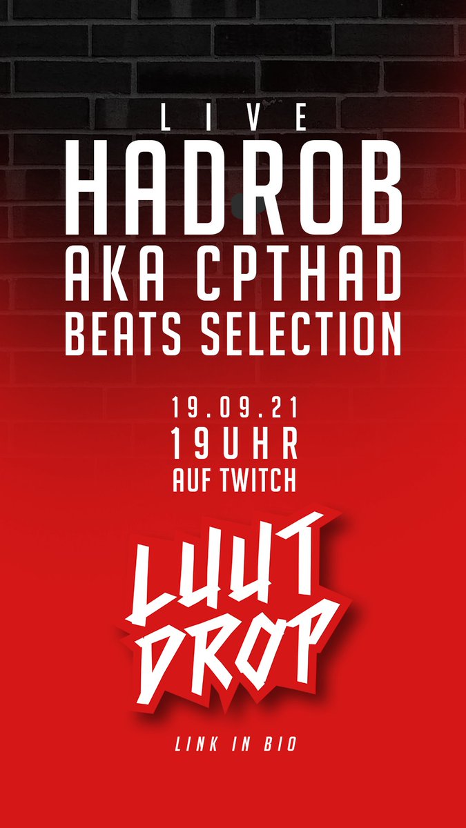 de <a href="/cpt_had/">CptHad</a> Streamt de Sunntig, 19Uhr,  sini Beats Selection vo sim upcoming Album LIVE uf twitch.tv/LuutDrop

Wer live wot mitentscheide, den save i stream inejumpe! 

#luutdrop #chrap #hadrob