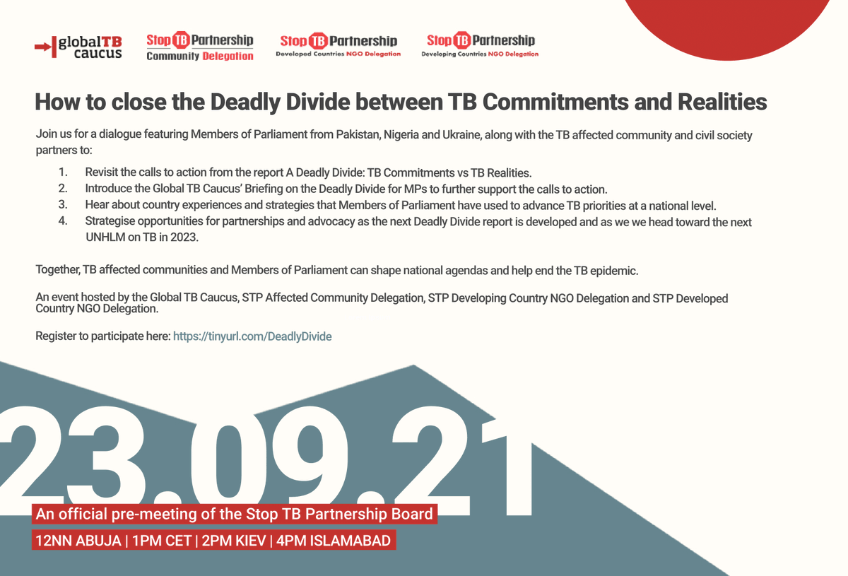 StopTB's tweet photo. 📢Around the 🌍there is a #DEADLYDIVIDE between TB commitments and realities!
Join Members of parliament, civil society &amp; communities to discuss- How to close this gap between TB commitments &amp; realities on the path to the next TB High-Level Meeting 2023
👉🏽https://t.co/4x5DEXjZi6 https://t.co/bNVNlBfGRD