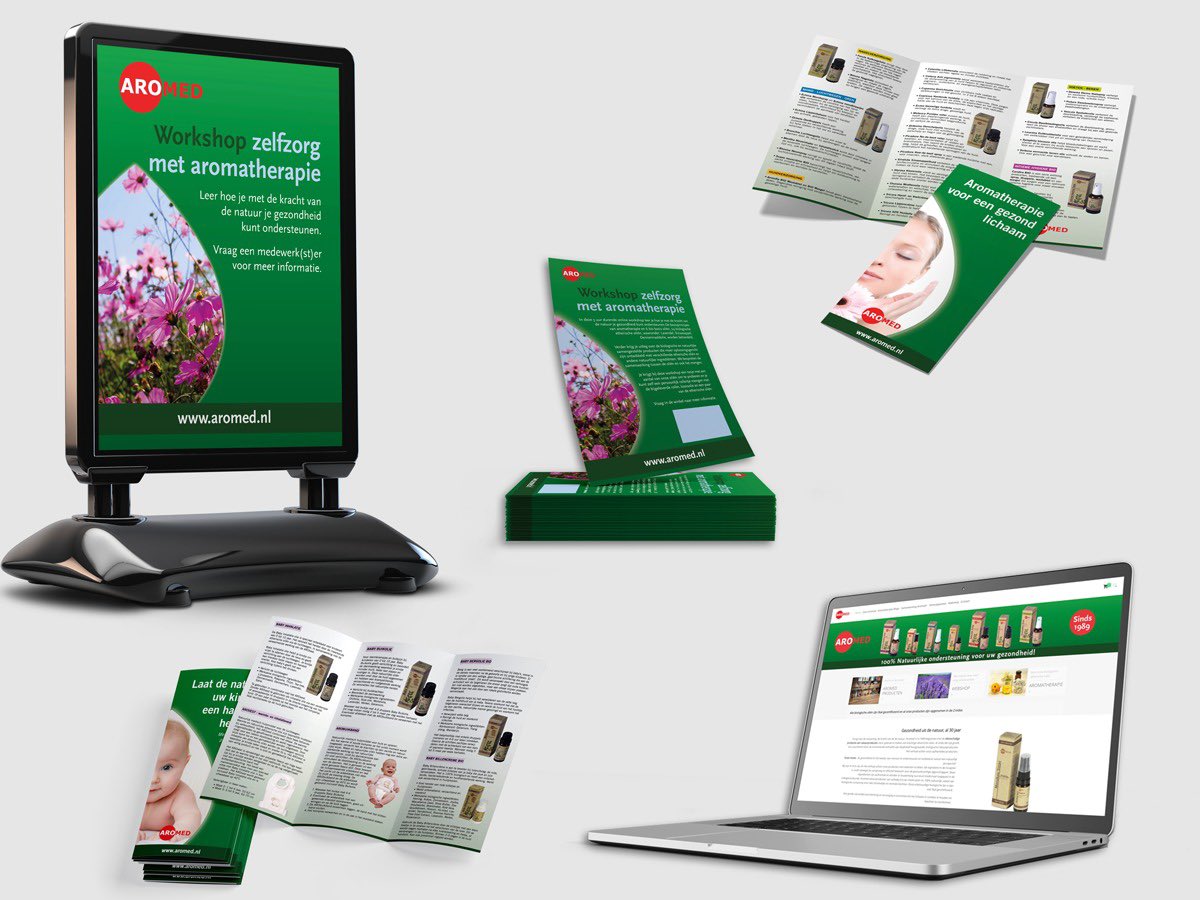 Posters, folders, flyers en een websitebanner. 
Ik mocht ze allemaal ontwerpen voor 
Aromed Aromatherapie en Natuurproducten. Hoe gaaf is dat. Wederom bedankt en veel plezier ermee 👍🏻