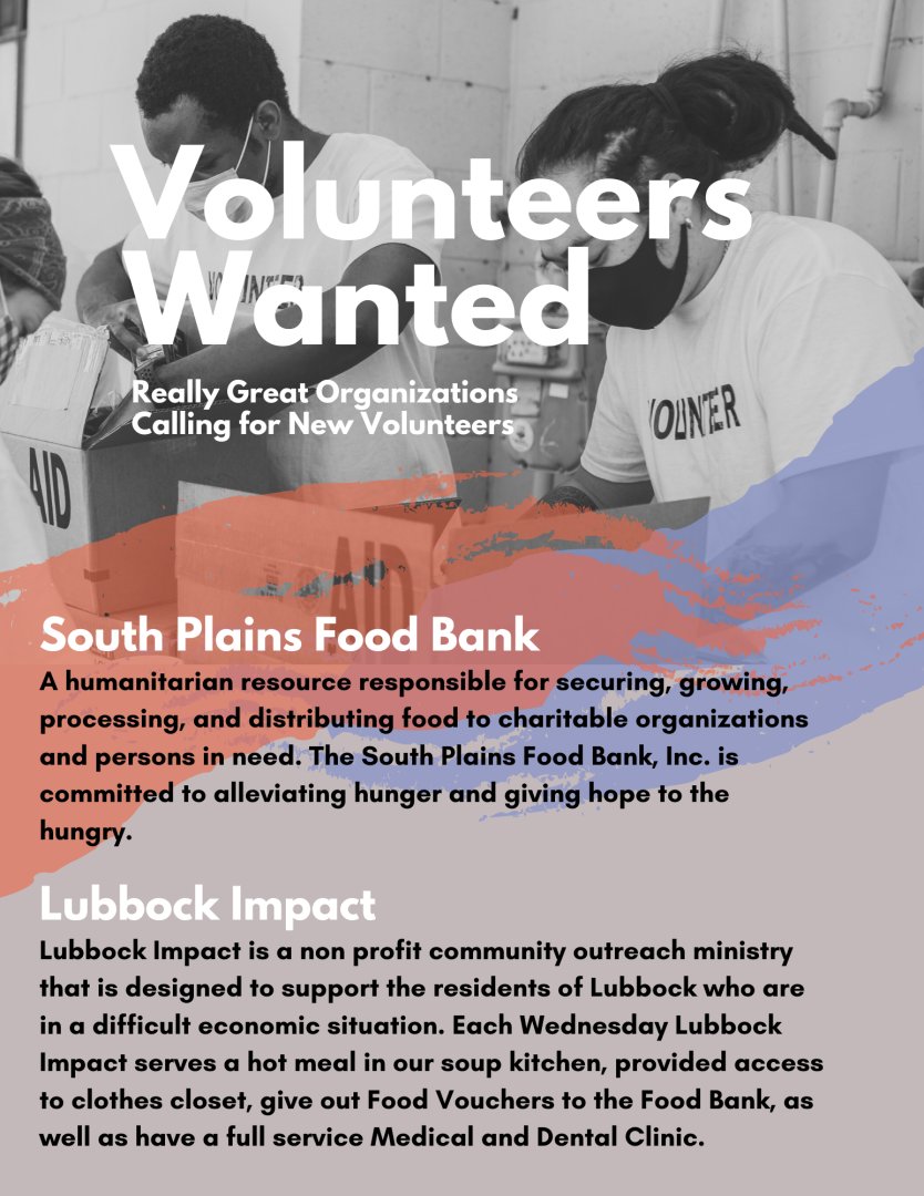 getinvolvedTTU's tweet photo. Are you looking to get more involved in your community? South Plains Food Bank and Lubbock Impact are looking for volunteers! Visit their website to learn more and to get involved. https://t.co/NrsDLTmyHd