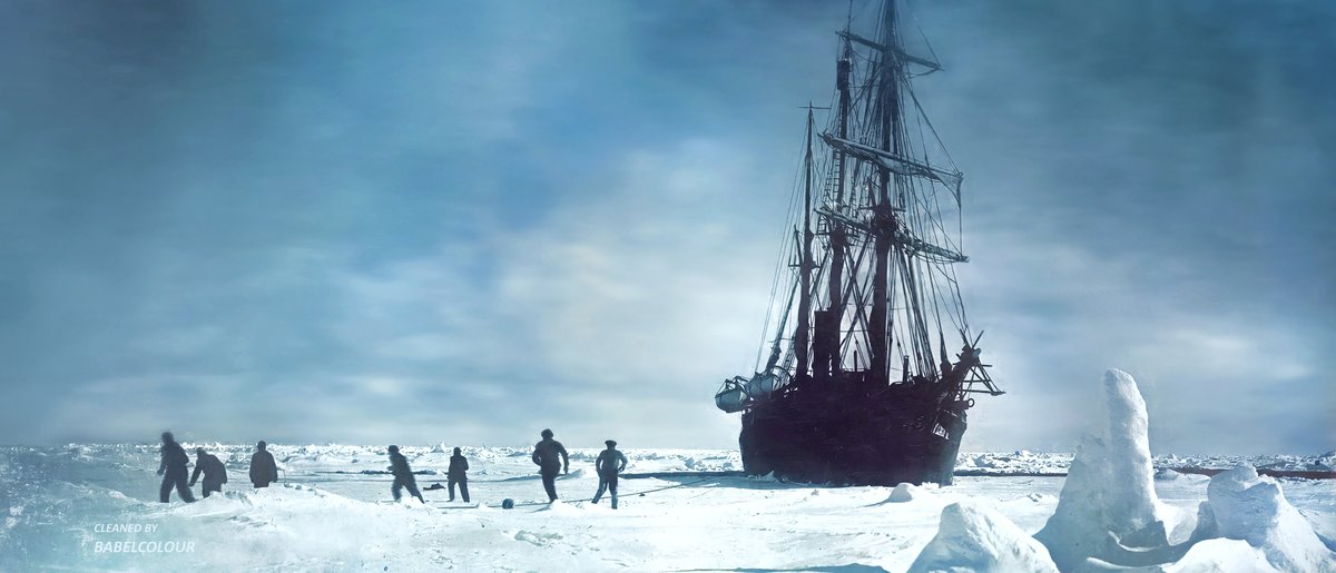 StuartHumphryes's tweet image. Spent a few hours trying to clean-up this beauty, but it was worth it: It is Ernest Shackleton and his crew on the ice, beside their ship Endurance, during his trans-antarctic expedition in 1915, taken on paget plate by Frank Hurley. It is original colour (not colourised).