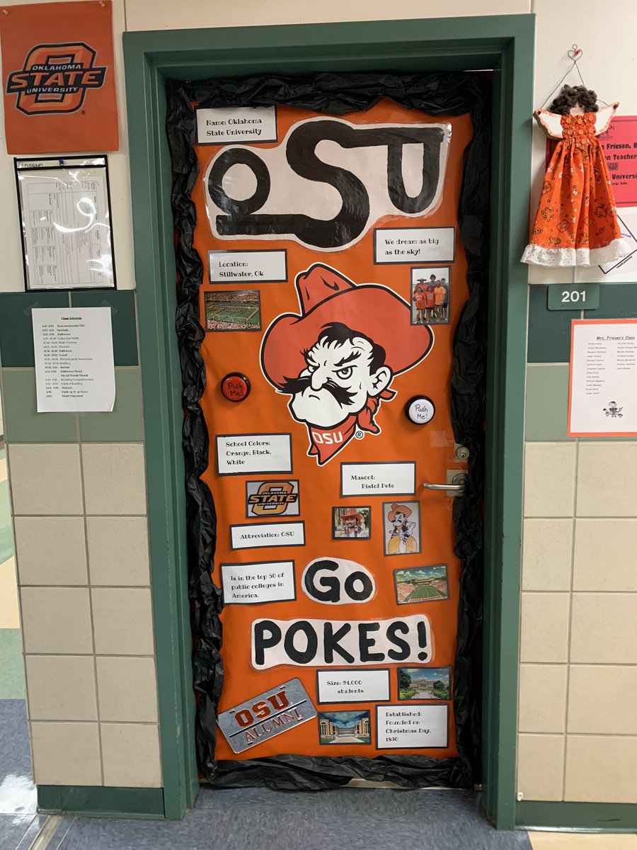 Pearson_Ponies's tweet photo. Twitter !! 🗣VOTE AND HELP US DETERMINE WHO SHOULD WIN THE DOOR DECORATING CONTEST!! 🗣 DOOR 1: OSU-Mrs Friesen. The door has the fight🎶 song playing on it! DOOR 2: A&amp;M-Commerce- Mrs. Calderon. The door is wrapped in the mascot!! VOTE IN THE COMMENTS!!! #PearsonPride🔴⚫️⚪️ https://t.co/NgtBnv32KK