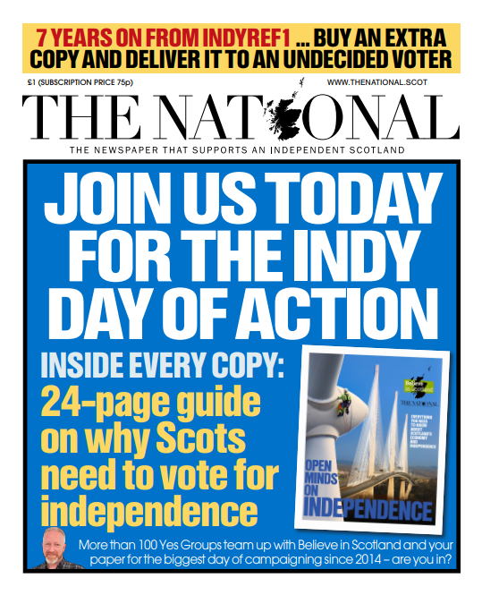 ScotNational's tweet photo. Tomorrow's front page ๐๏ธ
Seven years on from indyref1 the Yes movement is ready for the biggest campaign since 2014 - are you in? ๐ https://t.co/X7tfu1DFb5