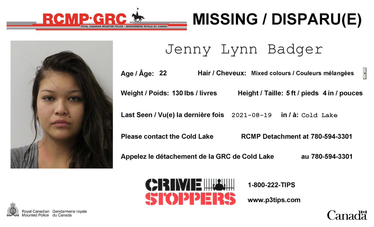 RT @RCMPAlberta: #Missing: Jenny Lynn Badger, 22, #ColdLake. Possibly in #Edmonton. https://t.co/ngbRBLkj5y