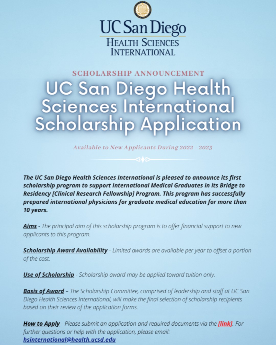 Ucsd Schedule 2022 2023 Ucsd Hsi On Twitter: "The Uc San Diego Health Sciences International Is  Pleased To Announce Its First Scholarship Program To Support International  Medical Graduates In Its Bridge To Residency [Clinical Research Fellowship]