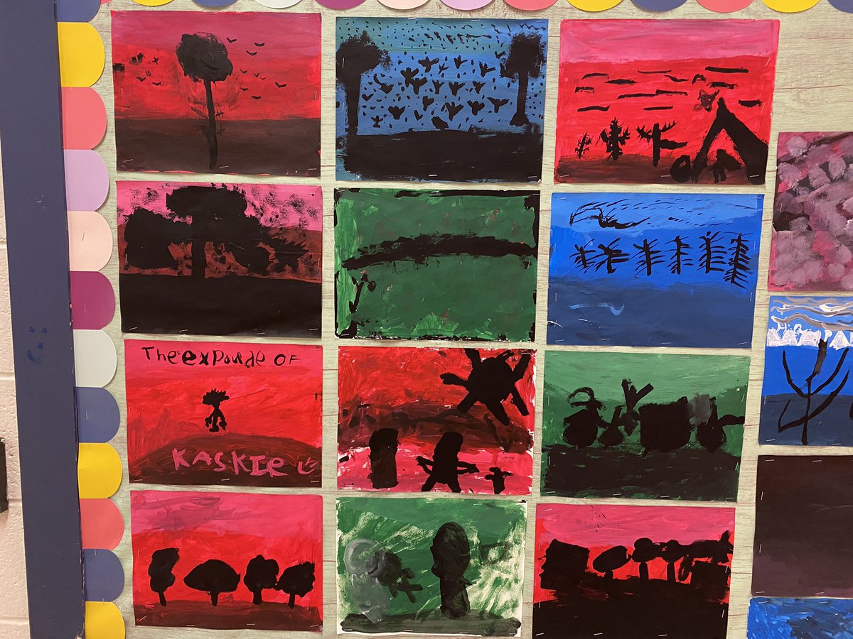 Updated the hallway bulletin board with paintings from 3rd, 4th and 5th grade

For this assignment, students chose one color, along with white and black paint, to create color values, gradients and silhouettes 

#ChoosePurpose #ChooseSlater