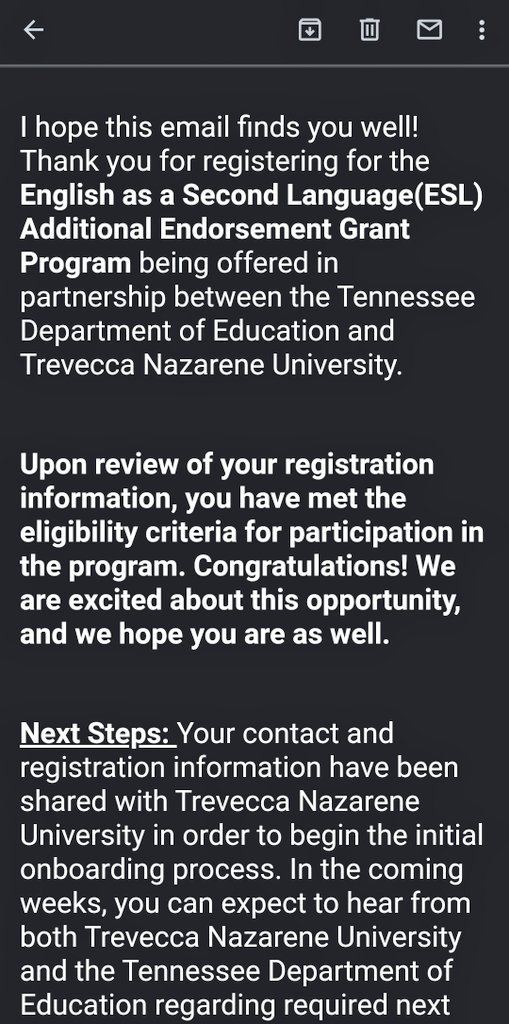 I got a grant to get my ESL endorsement. Awesome news to end my week!!!
SO thankful I get these opportunities from my district/state. ✨🤩✨ @co_sumner <a href="/TNedu/">TN Dept of Education</a> <a href="/Jwwelem/">Jww elem</a>  <a href="/AllisonHester10/">Allison Hester</a> @SGMcClard
<a href="/scottlangford72/">Scott Langford</a> 
<a href="/SusanKolmer/">Susan Kolmer</a> <a href="/Trevecca/">Trevecca Nazarene University</a>
👩🏽‍🏫🔡📚