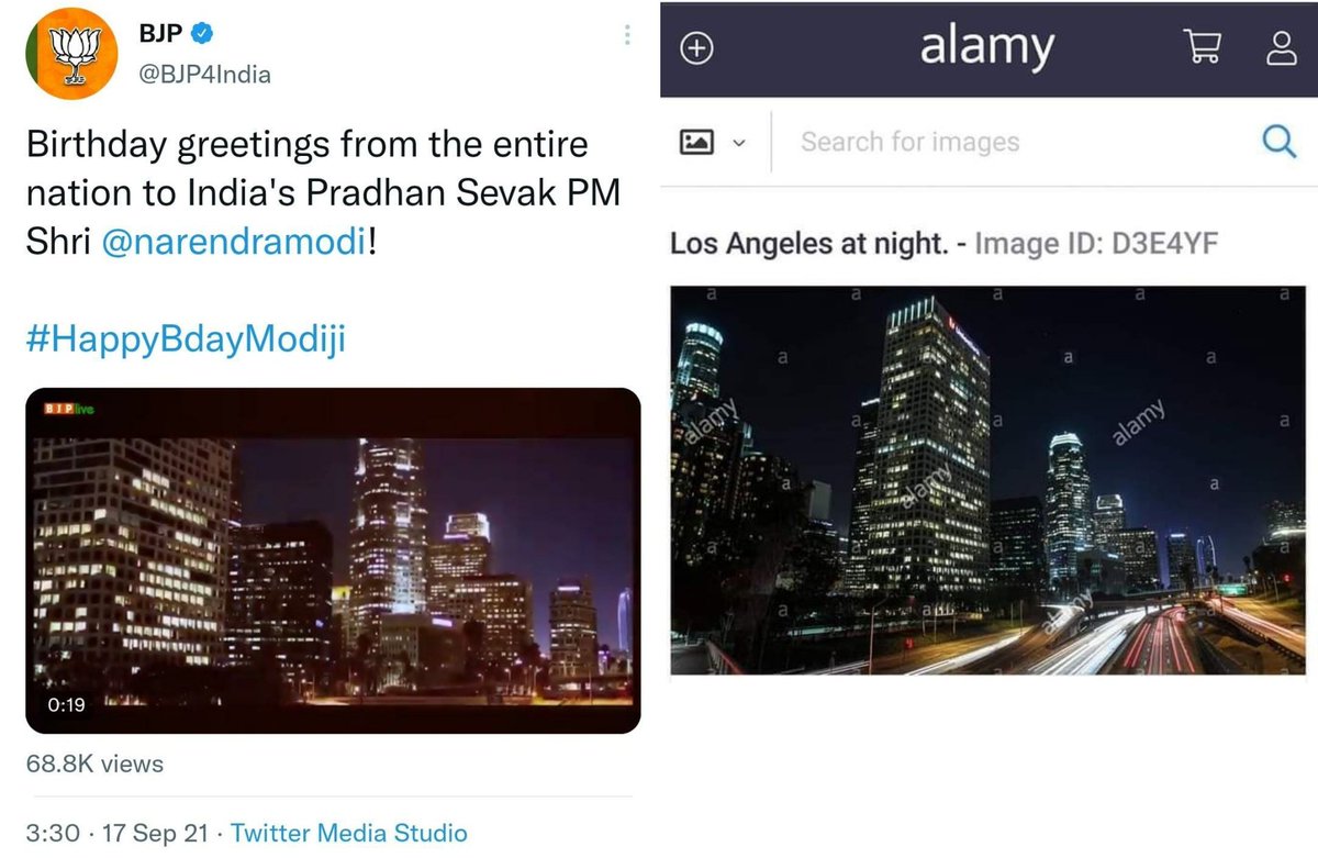 Picture of Los Angeles being passed off by BJP as that of an Indian city in the video message greeting India's Pradhan Sevak PM Shri Narendra Modi on his HBD

Via @DEBANJANDAS

#NationalJumlaDay
#NationalUmemploymentDay
#NationalUnemploymentDay2021
#NationalUnemploymentDay17Sept