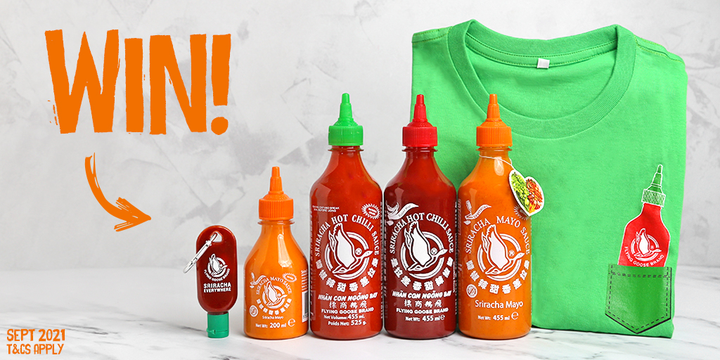 Calling all spice connoisseurs! FOLLOW & RT for your chance to #WIN this bundle of Flying Goose #Sriracha Sauces, Keyring and T-Shirt! 🌶️ #FreebieFriday #Competition T&Cs Apply: bit.ly/3gArtaj