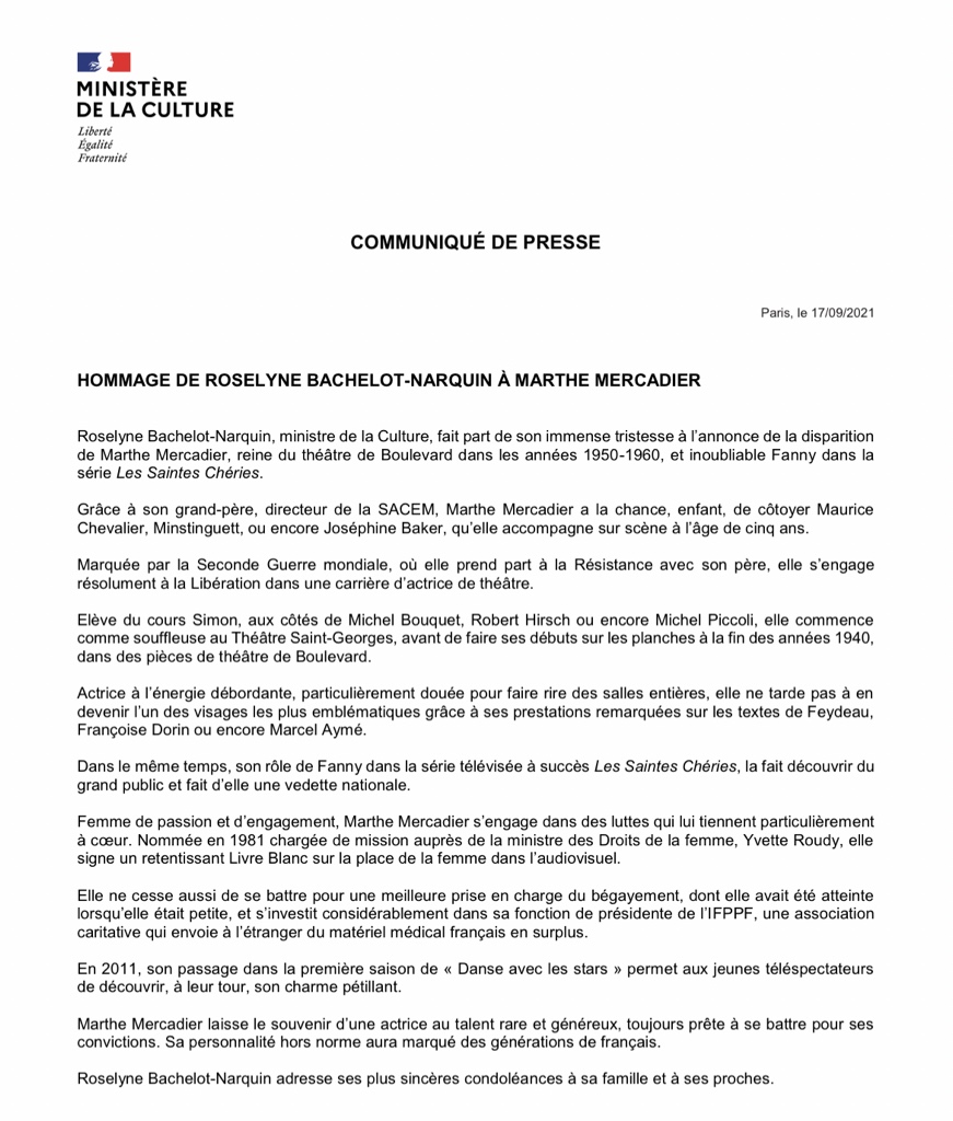 JFGuyot's tweet photo. #Décès de Marthe #MERCADIER : l’hommage de @R_Bachelot https://t.co/2rpVKzThQm