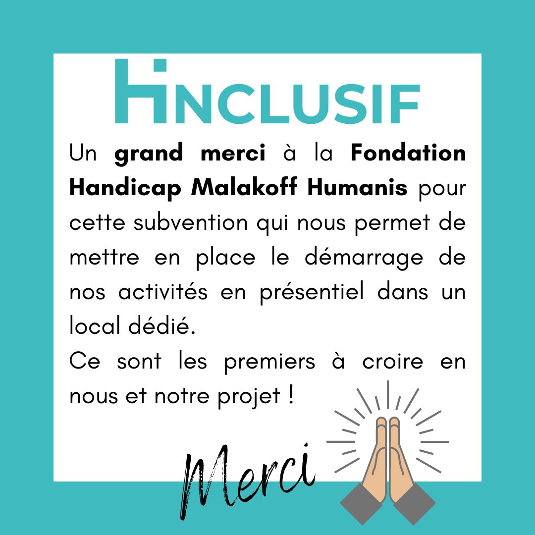 📢 Une grande nouvelle 📢
<a href="/MalakoffHhandi/">Malakoff Humanis Handicap</a> nous subventionne pour le démarrage de nos activités ! 
Cette #subvention nous permet d'acheter les premiers matériels afin de nous installer et accueillir nos adhérents en présentiel ! 🎉

Tous ensemble pour un monde plus #inclusif 🤝